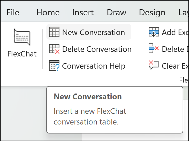 ScreenTip Screen Shot - shows the ScreenTip displayed when the user hovers over the SimpleChat tool on the FlexChat Ribbon